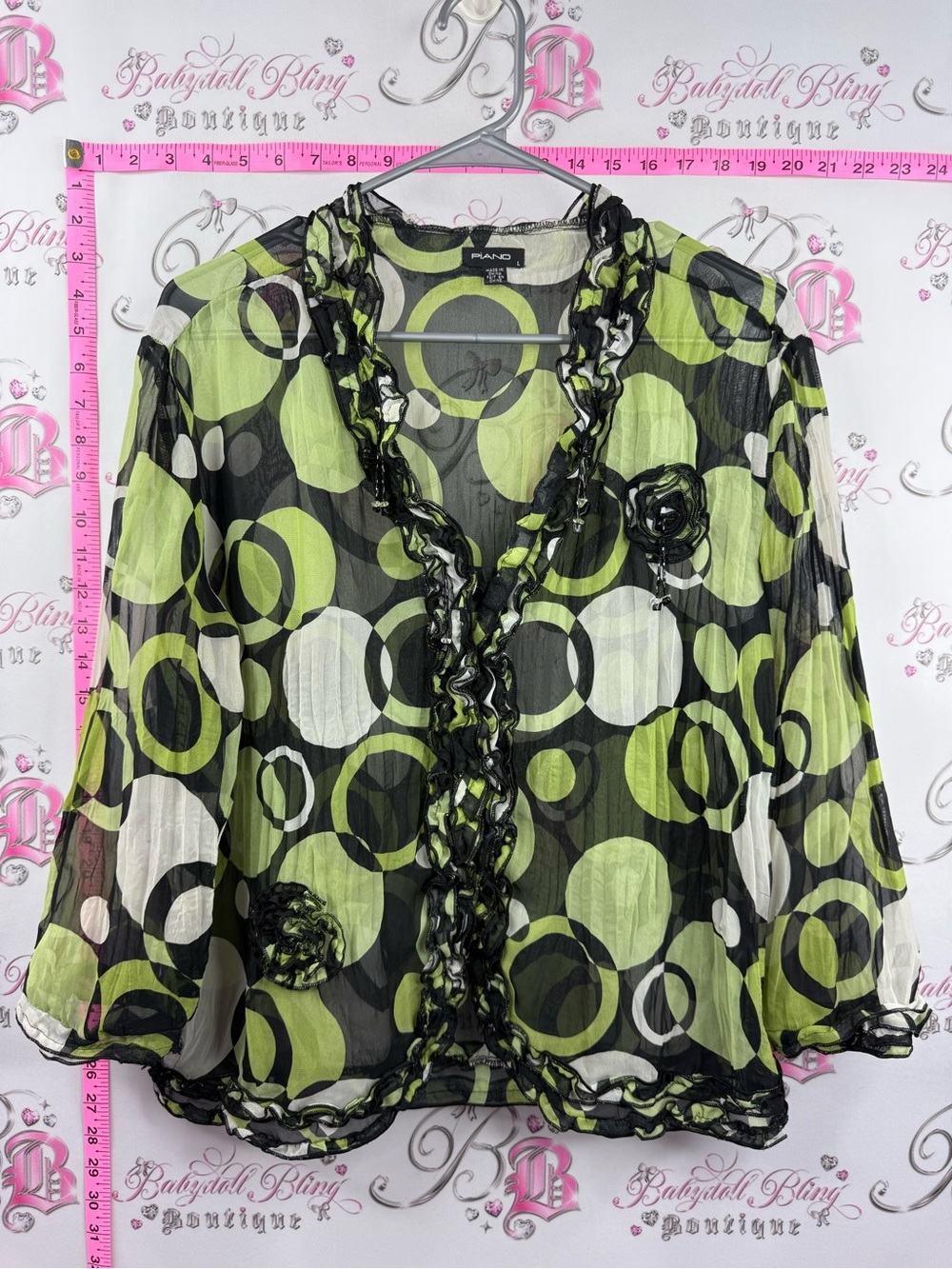 Piano shirt beaded tassle Sheer Lime Green and Black Circle-Print Ruffle Blouse